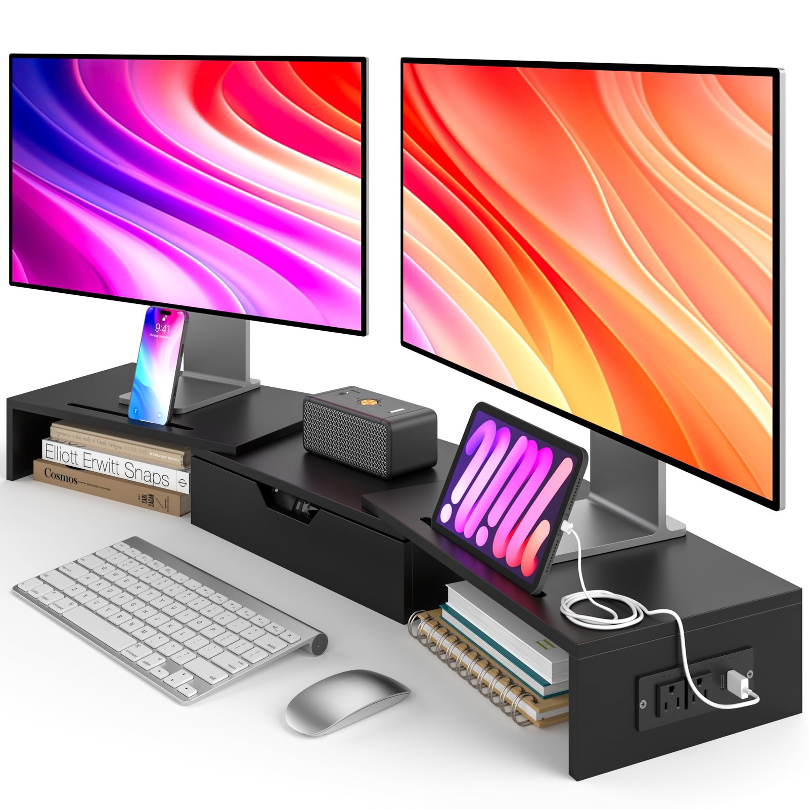 Dual Monitor Stand with USB Ports,Wood Computer Monitor Stand with Drawer,Adj...