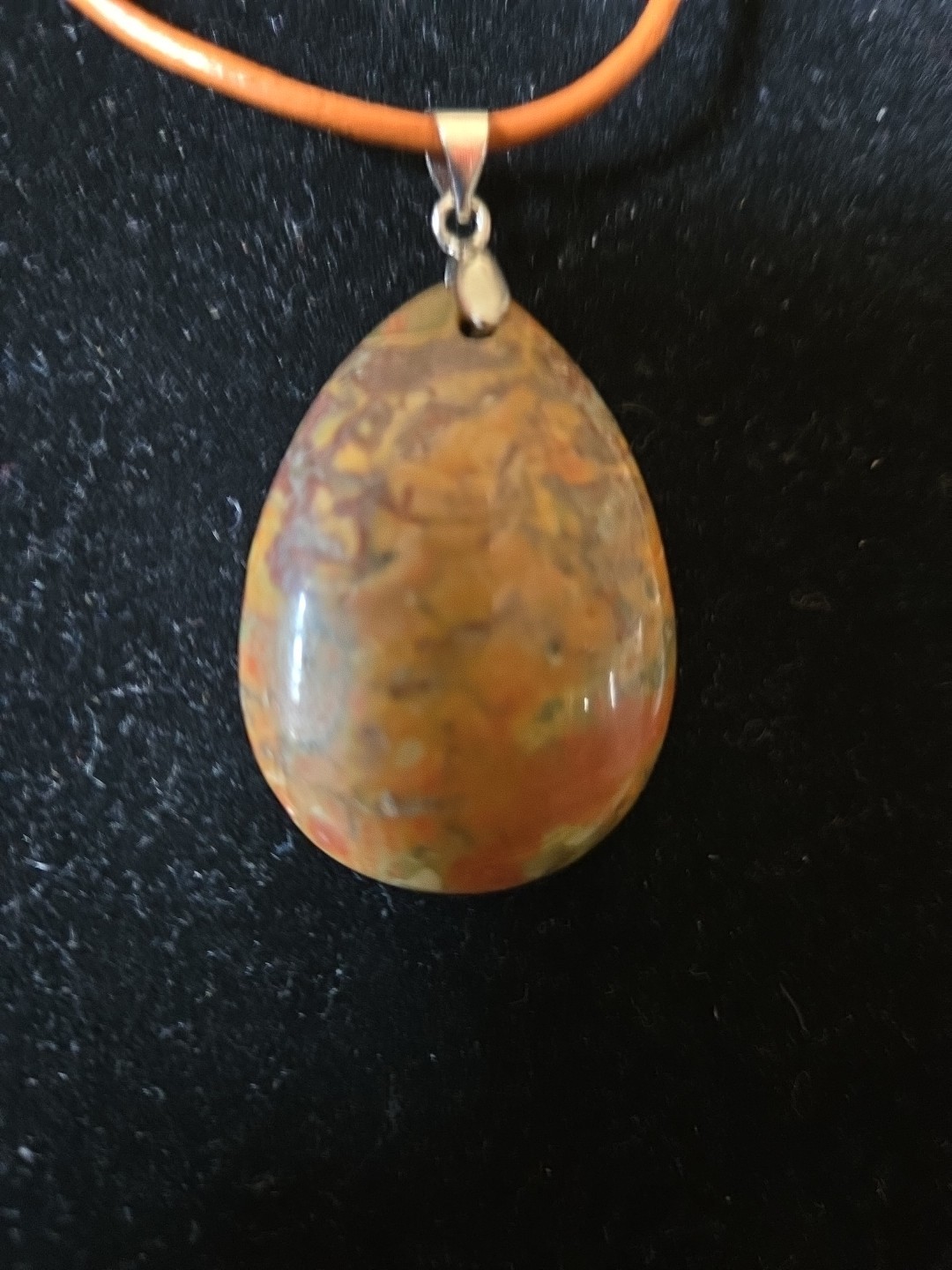 Handcarved And Polished Ocean Jasper 1.5" Teardrop Pendant W/ 17"-19"Cord