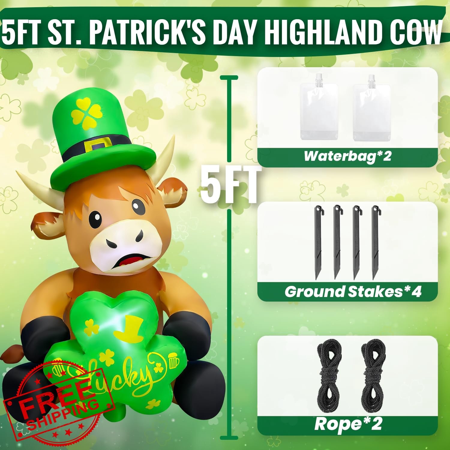 St. Patrick's Day Inflatable Highland Cow 5FT Shamrock LED