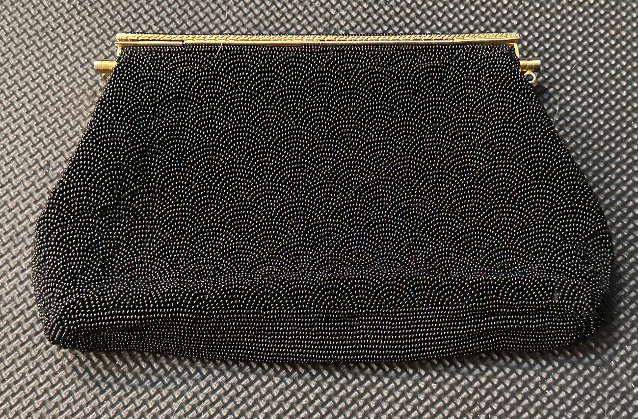 Antique Hand Stitched Black Beaded Clutch Purse - Gold Hardware - Spring Close