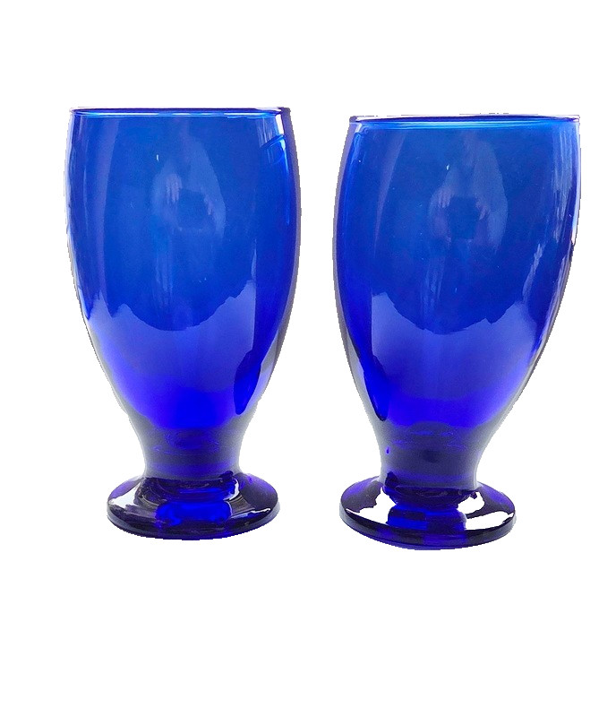 Two Mid-Century Cobalt Blue Goblets or Glasses with Heavy Pedestal Base