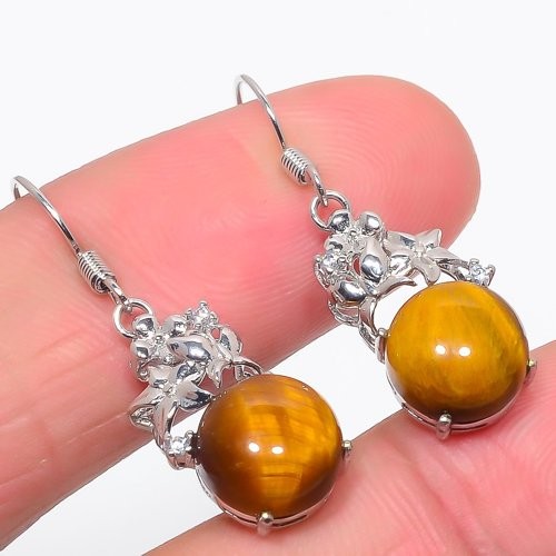 Tiger'S Eye & Cubic Zirconia 925 Sterling Silver Earring 1.37" S2697
