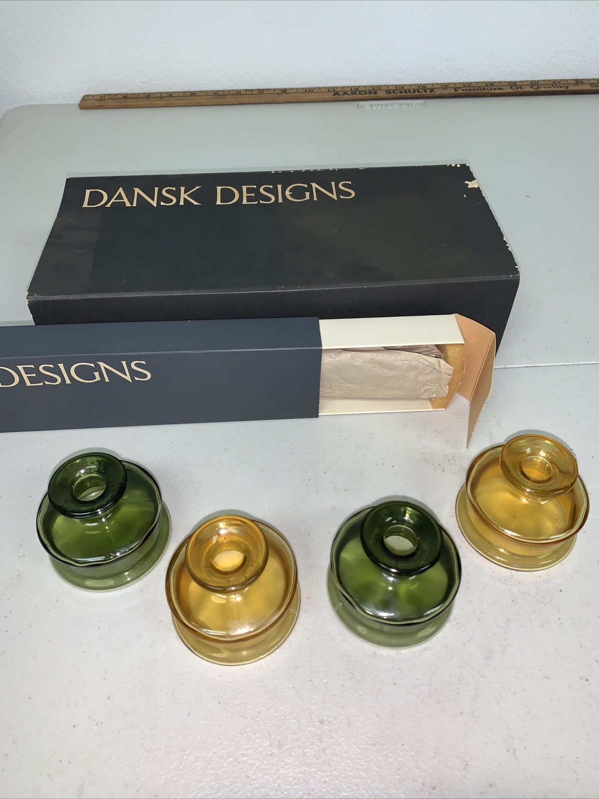 4 Vintage Dansk Green Yellow Glass Candle Holders Denmark Quistgaar Mid Century