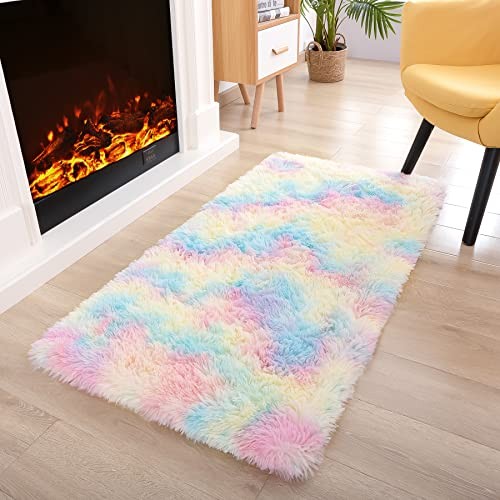  Fluffy Rainbow Rugs for Bedroom Girls,2x4 Shag Pink Kids Room Rug,Shaggy Area 