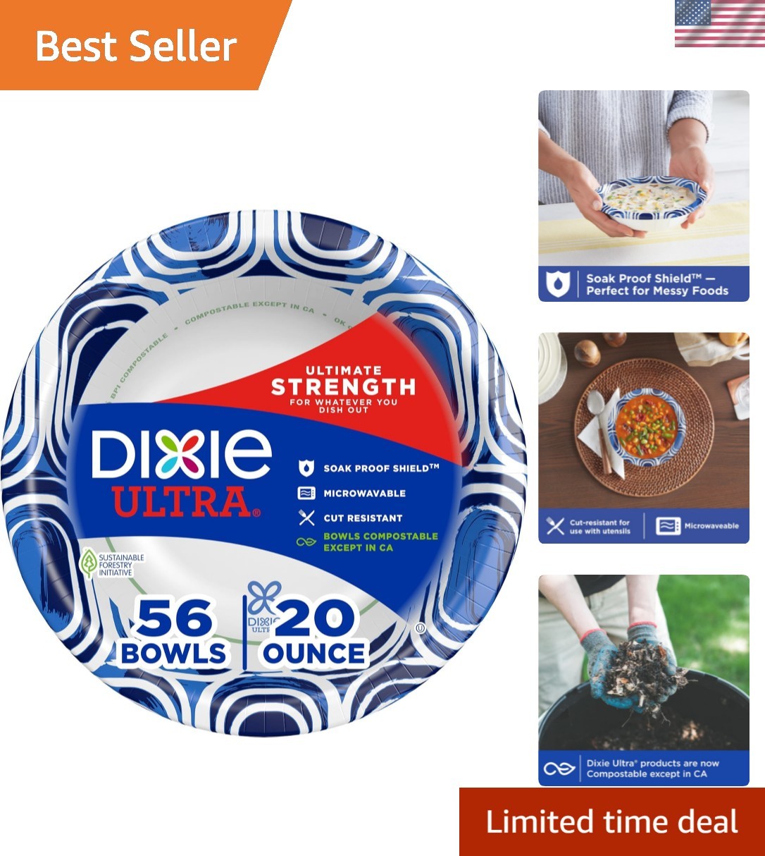 Large Paper Bowls, 20 Oz, 56 Count, Microwave Safe, Compostable, Disposable B...