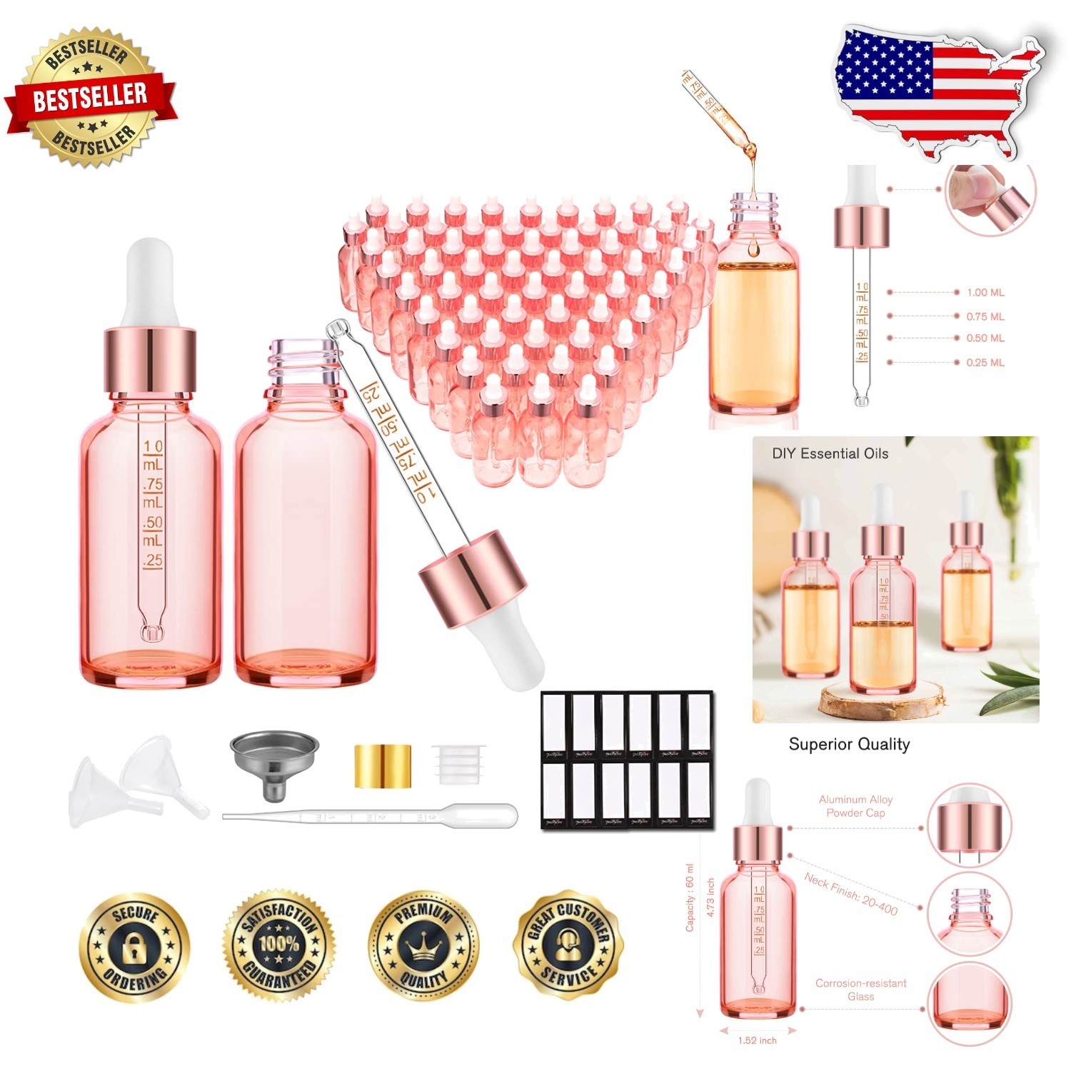 Bulk 2oz Rose Glass Dropper Bottles 60ml Essential Oils Leakproof Gold Caps