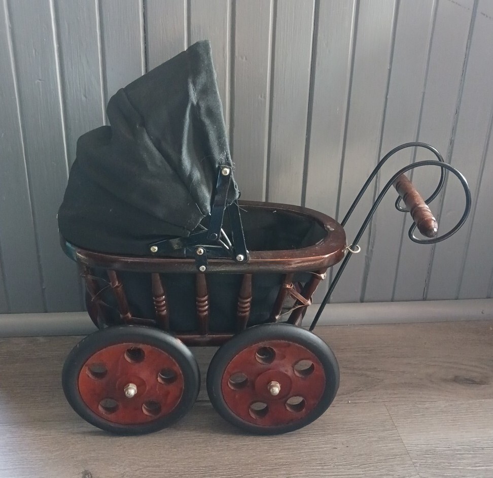 Doll Stroller Vintage Antique Style Cherry Wood Wicker Black Cloth Carriage