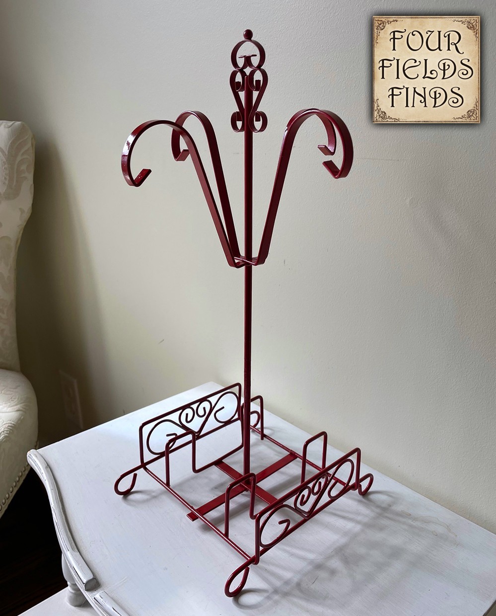 Vintage Farmhouse 1950's Coffee Mug Tree Metal Saucer Rack or Napkin Holder Red*