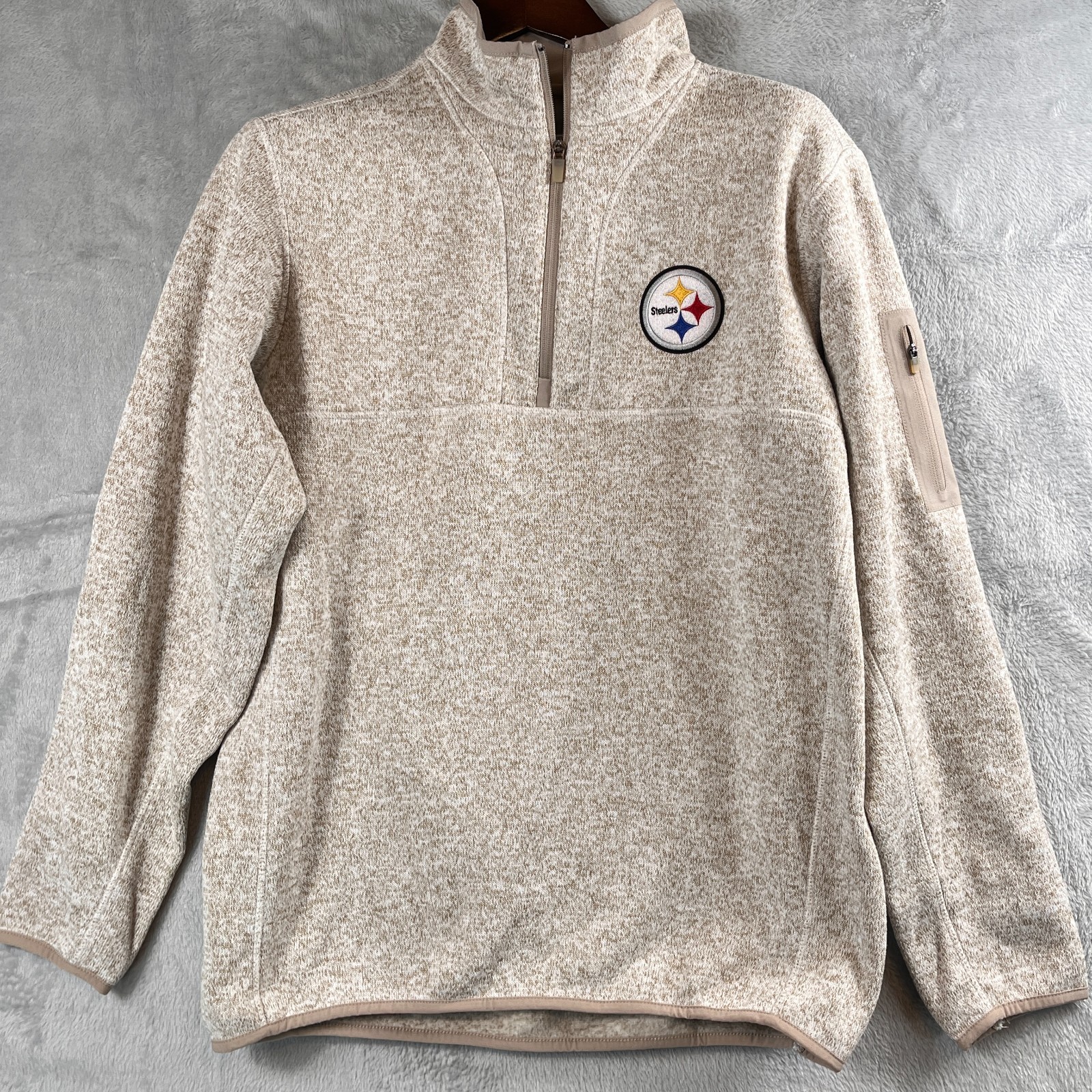 Antigua Mens L Steelers 1/4 Zip Tan Heather Fleece Pullover Sweatshirt NWOT NFL