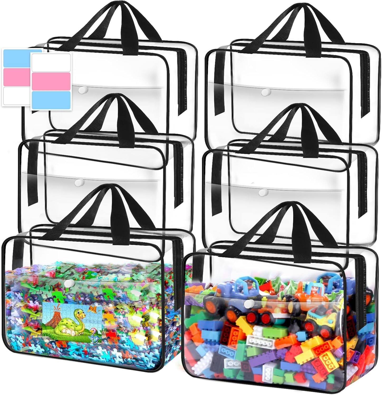 6 Packs Toy Storage Bags Kids PVC Clear Bags Organizer with Zipper and Label