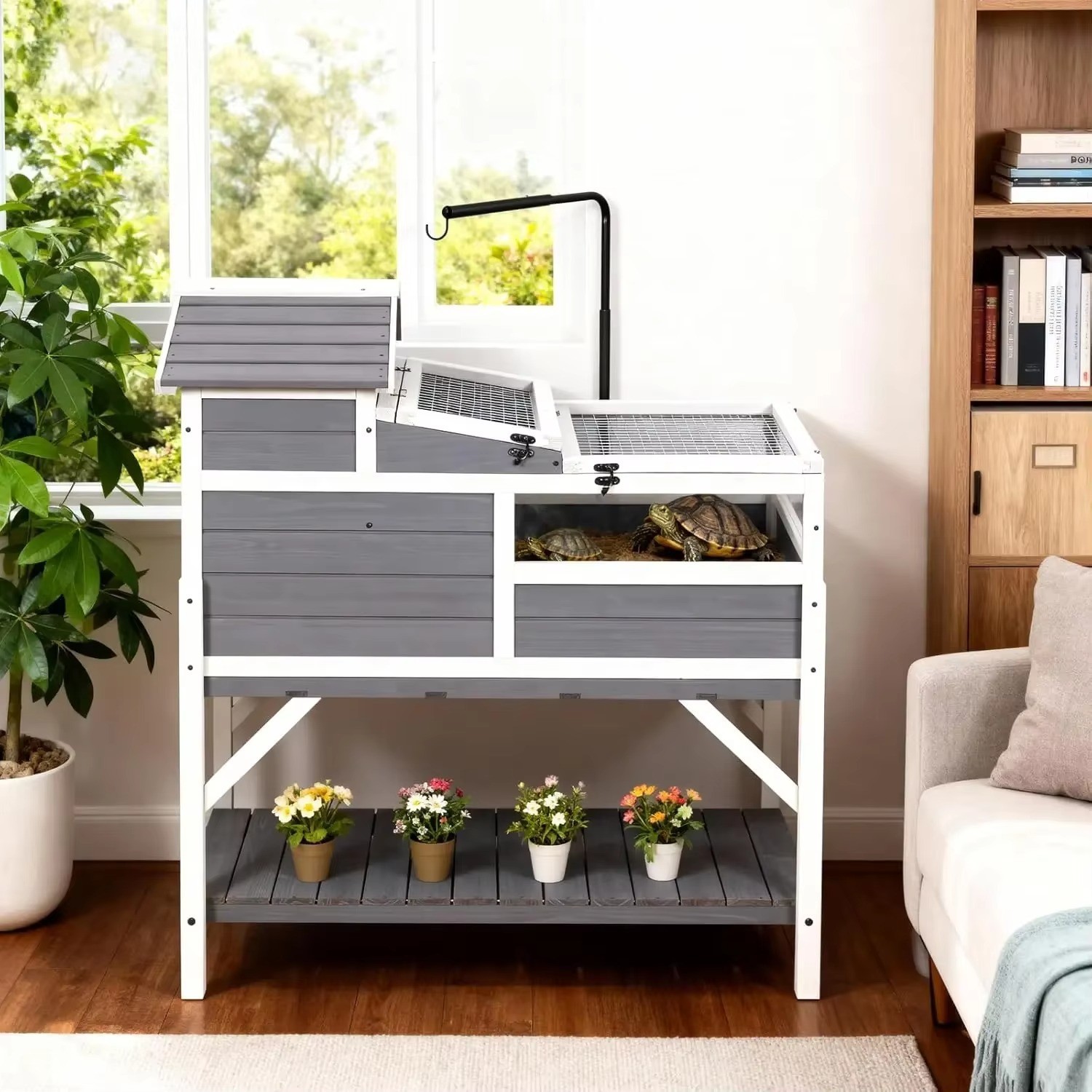 3-Room 2-Story Wooden Tortoise Habitat - Indoor/Outdoor Cage with Storage