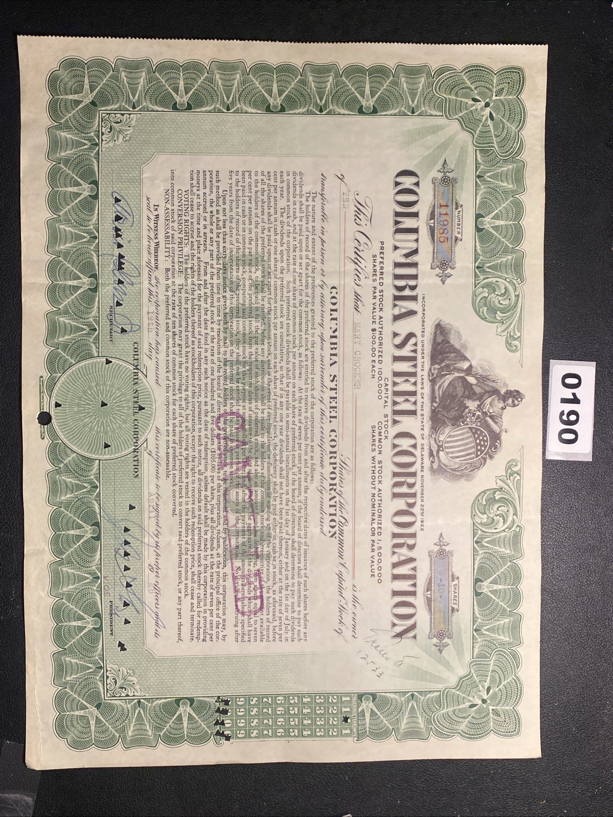 COLUMBIA STEEL CORPORATION Stock Certificate 1928 0190