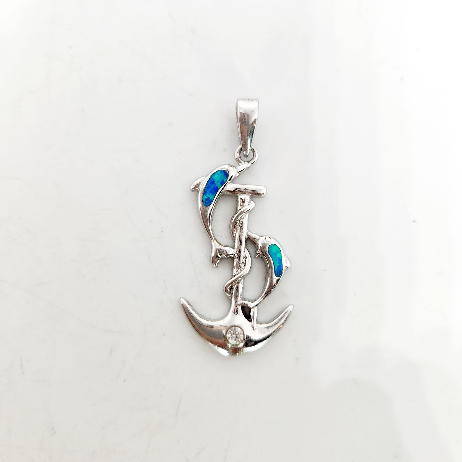 Sterling Silver 925 Blue Opal Inlay Anchor Jumping Dolphin Pair Pendant Necklace