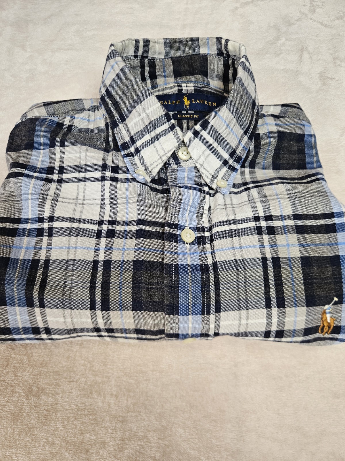 Ralph Lauren Button Down Shirt Mens Medium Blue Plaid Classic Fit Long Sleeve