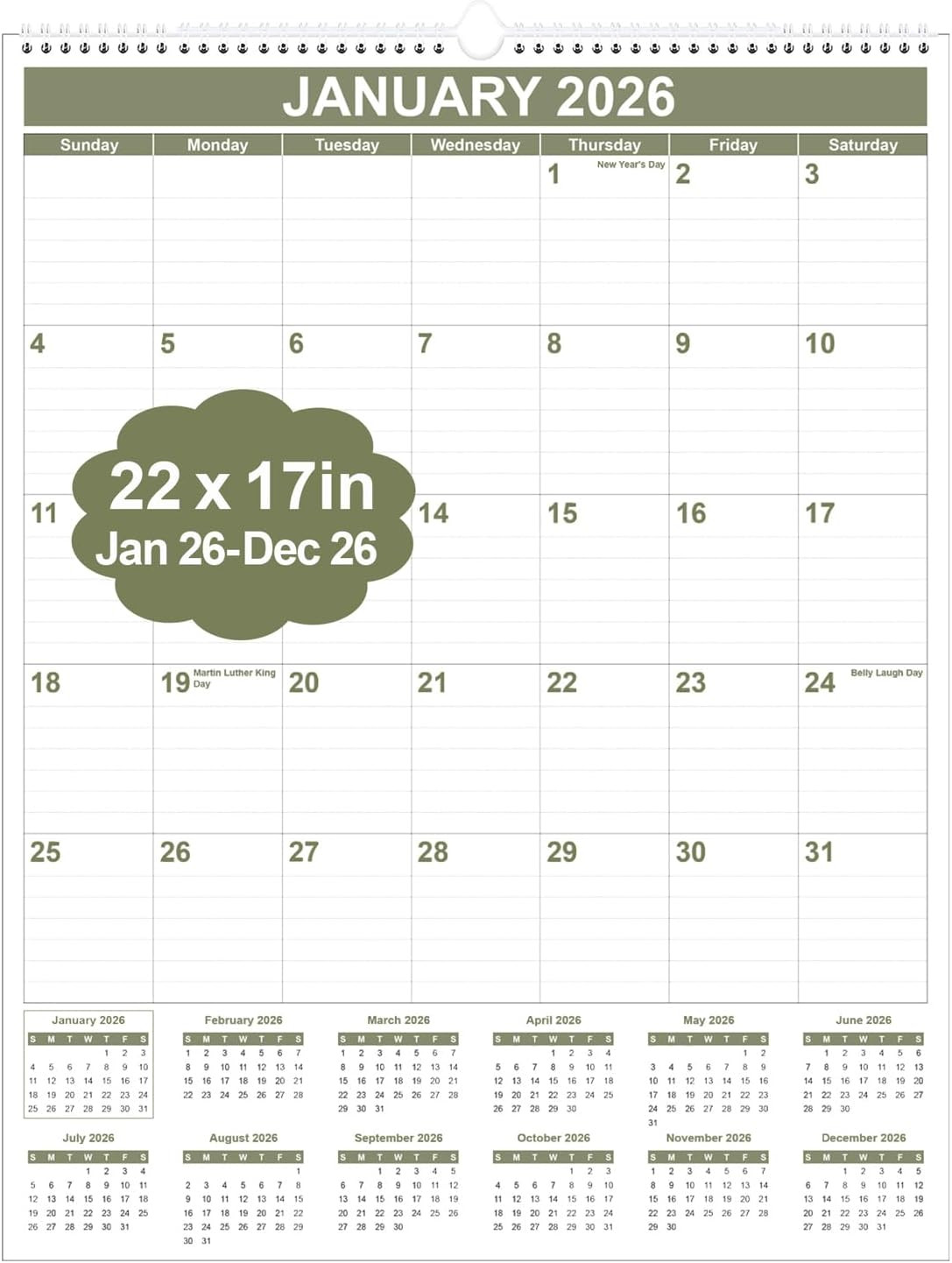 Large Calendar 2026 with Spiral Bound - 12 Month Big Calendar from January 2026 
