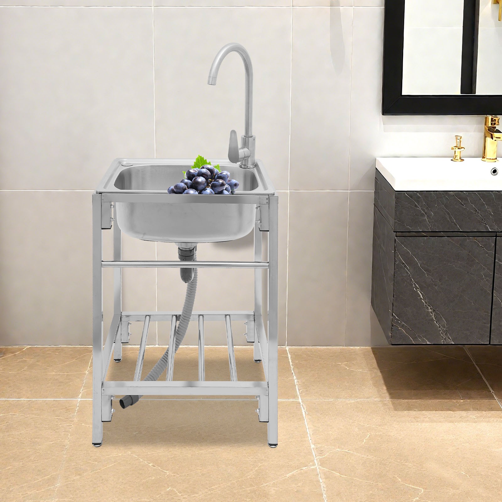 50*40*75cm Kitchen Sink Kit Freestanding Single Basin Sink Stainless Steel Sink