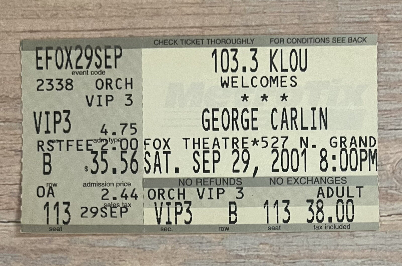 George Carlin Ticket Stub 9/29/01 The Fabulous Fox Theatre St Louis MO