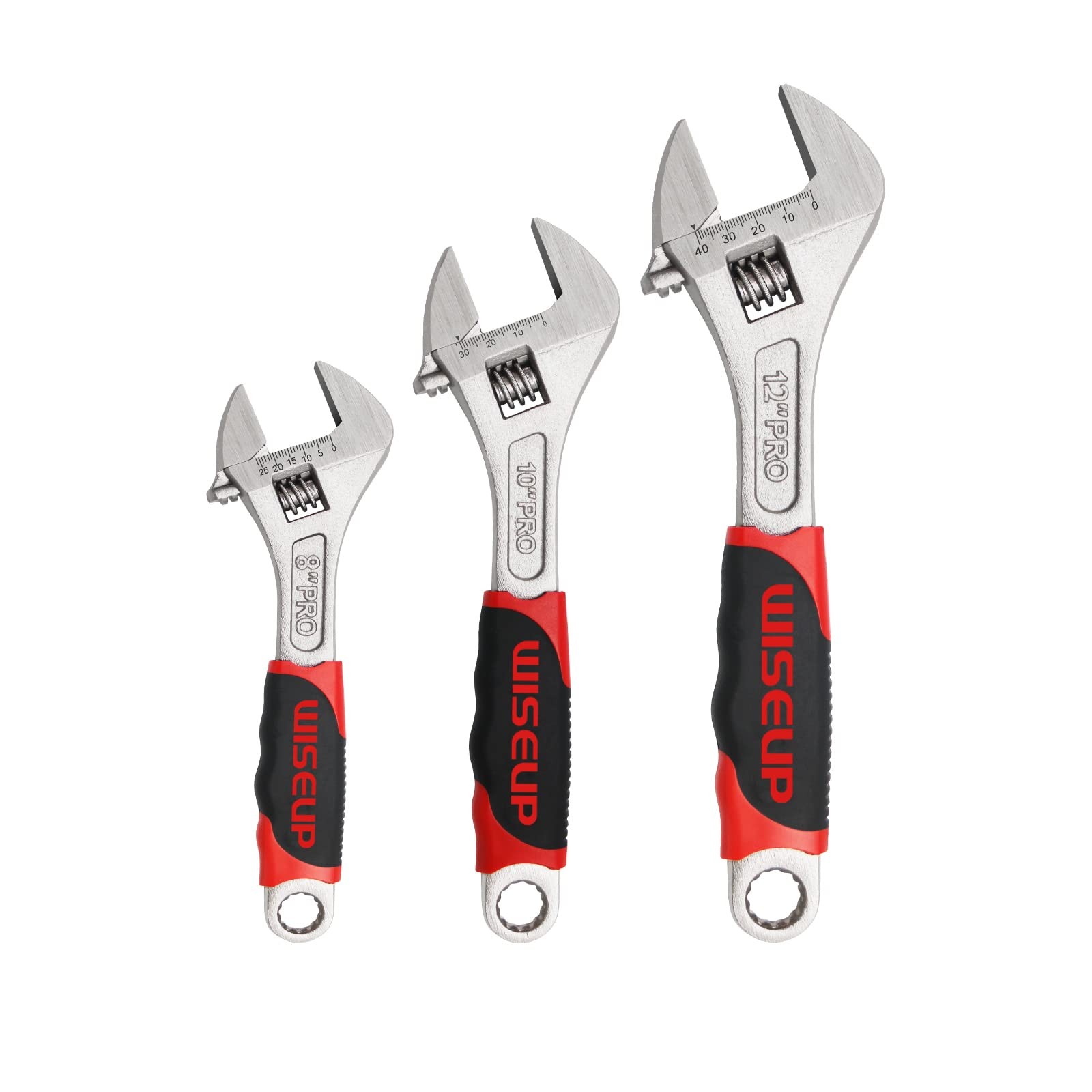 WISEUP 8" 10" 12" Adjustable Wrench Set Cr-V Industrial Grade Ergonomic Grip