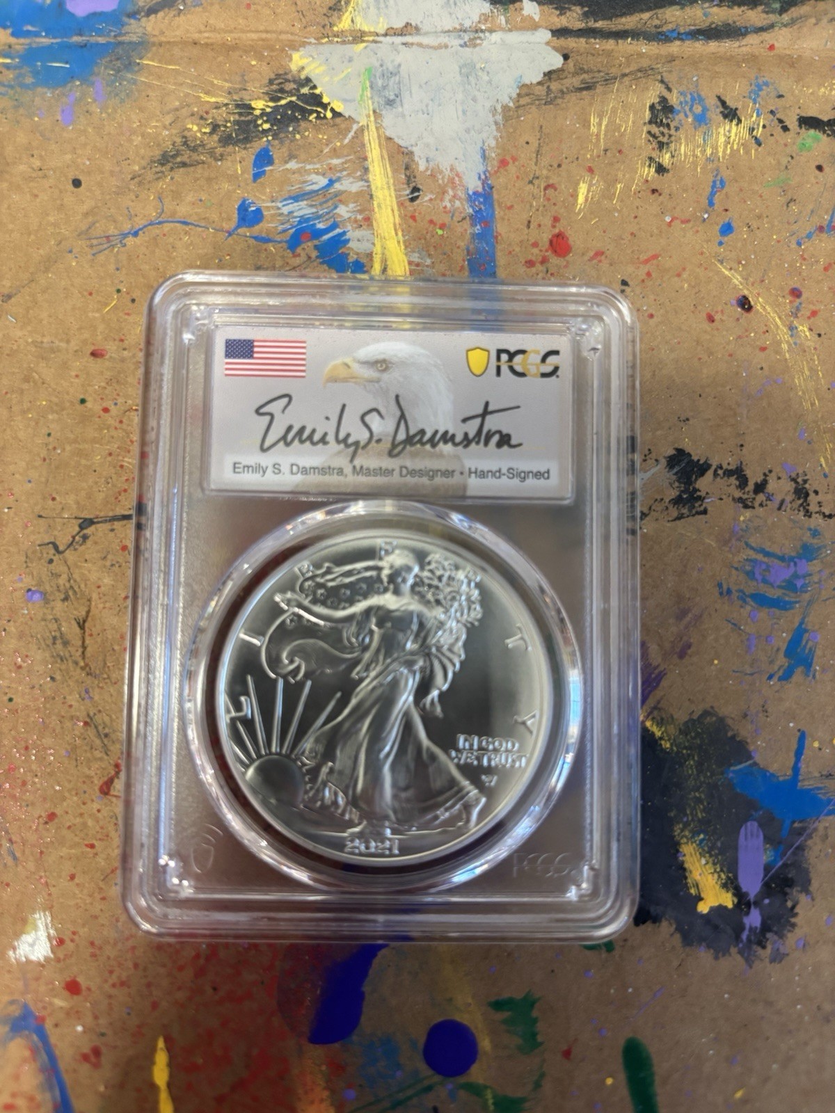 2021 Silver Eagle Type 2 MS70 PCGS Signed Emily Damstra. Beautiful Coin!