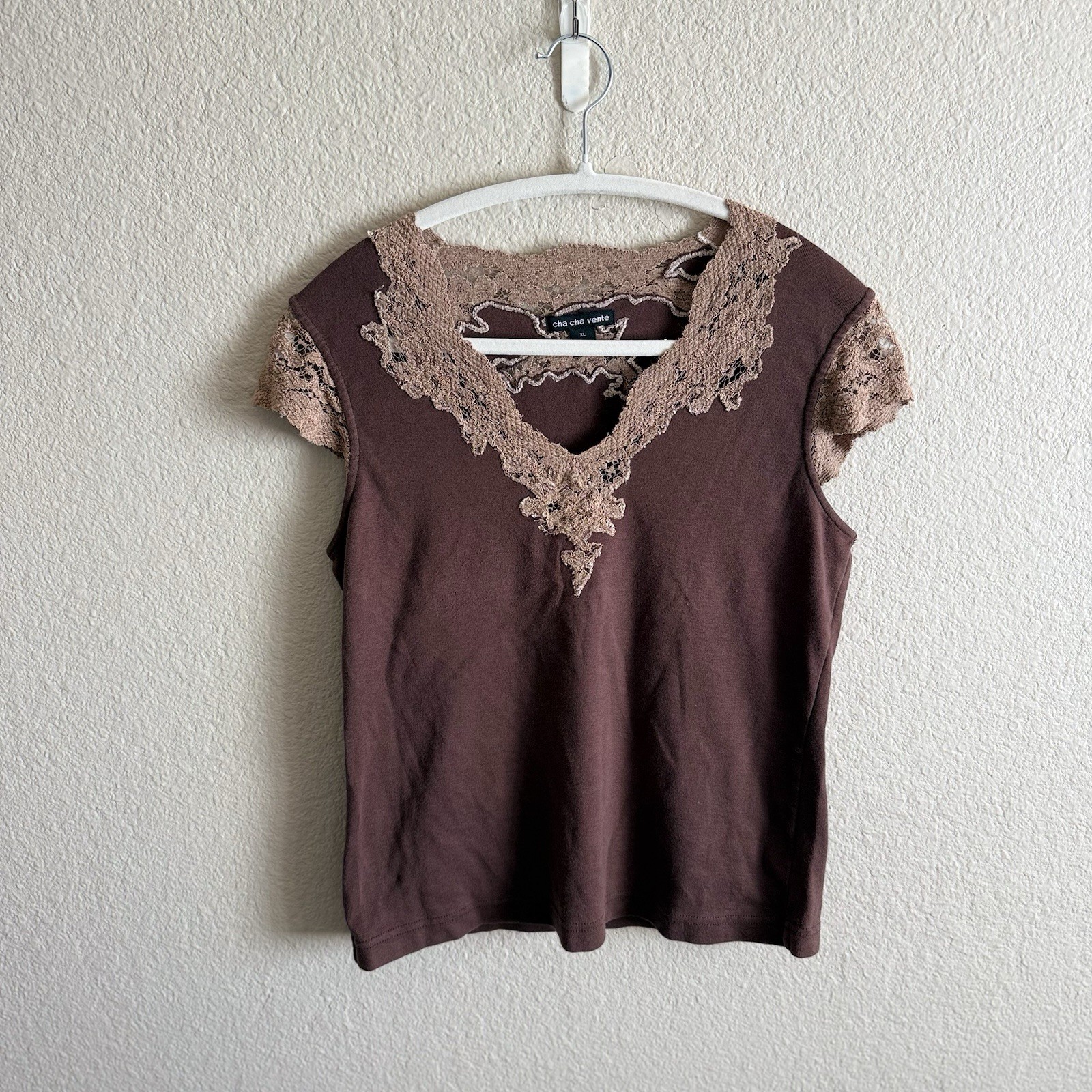 Vintage Y2K 90's Brown Lace Trim Women's Top Shortsleeve 90's Fashion 