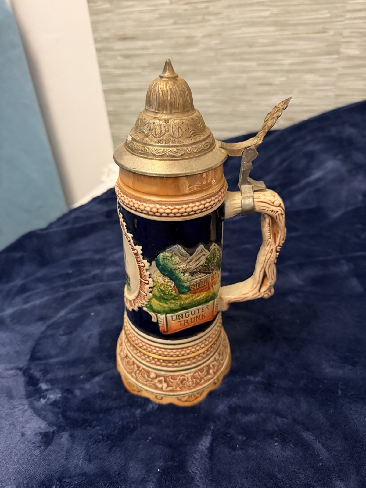 German Lidded Stein Breweriana Scenic Relief Decorative Beer Mug