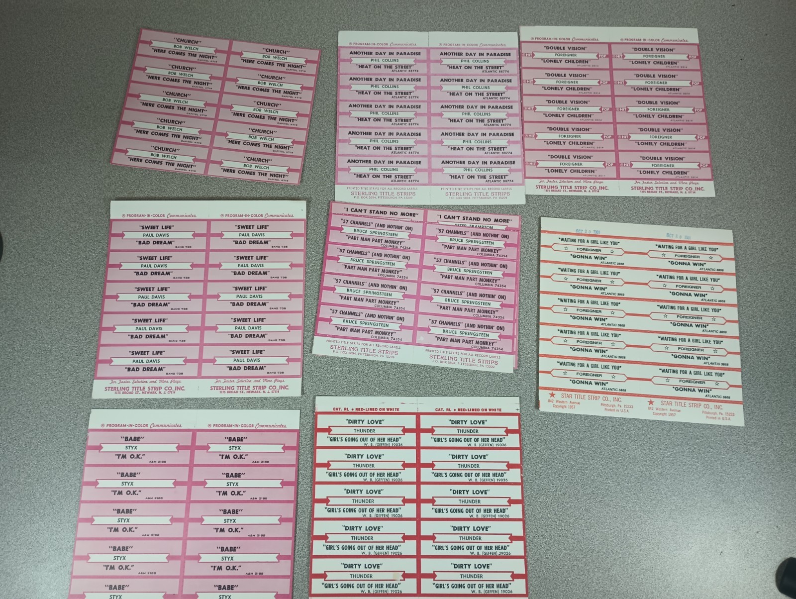 Vintage 1970s-80s Sterling Title Strip Co. Jukebox Tag Lot Rush & More!