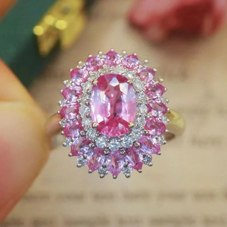 4Ct Oval Cut Lab Created Pink Sapphire Halo Wedding Ring 14K White Gold Plated