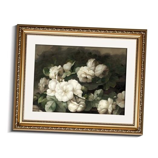  Gold Picture Framed Wall Art, Bedroom 16"L x 13"W Still Life with White Roses