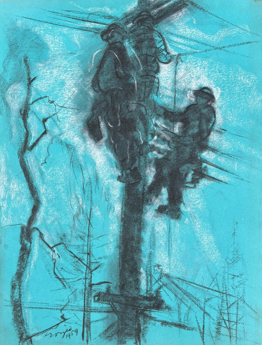 Telephone Lineman 26 "x 20" White Chalk & Charcoal Drawing-1959-Armando Sozio