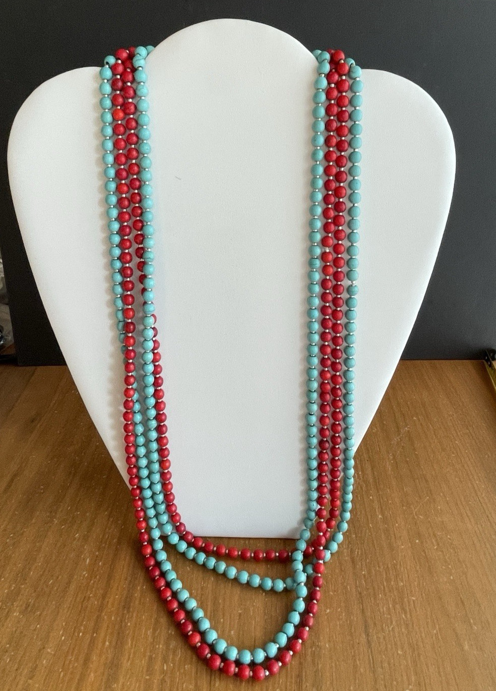 Two Colorful Strands Of Beads Necklaces Blue Faux Turquoise & Red Faux Coral