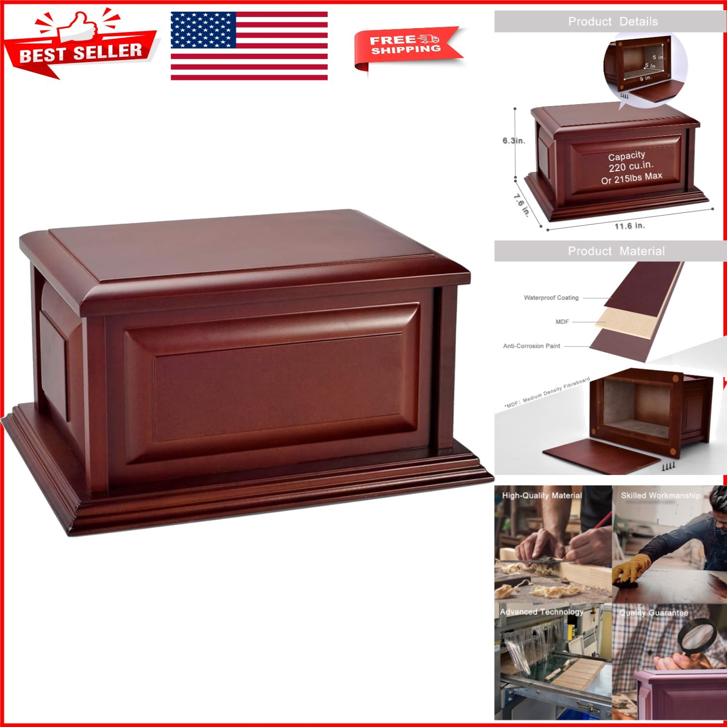 Durable Cherry Finish Wooden Urn | 220 Cu.In for Remains up to 200 lbs