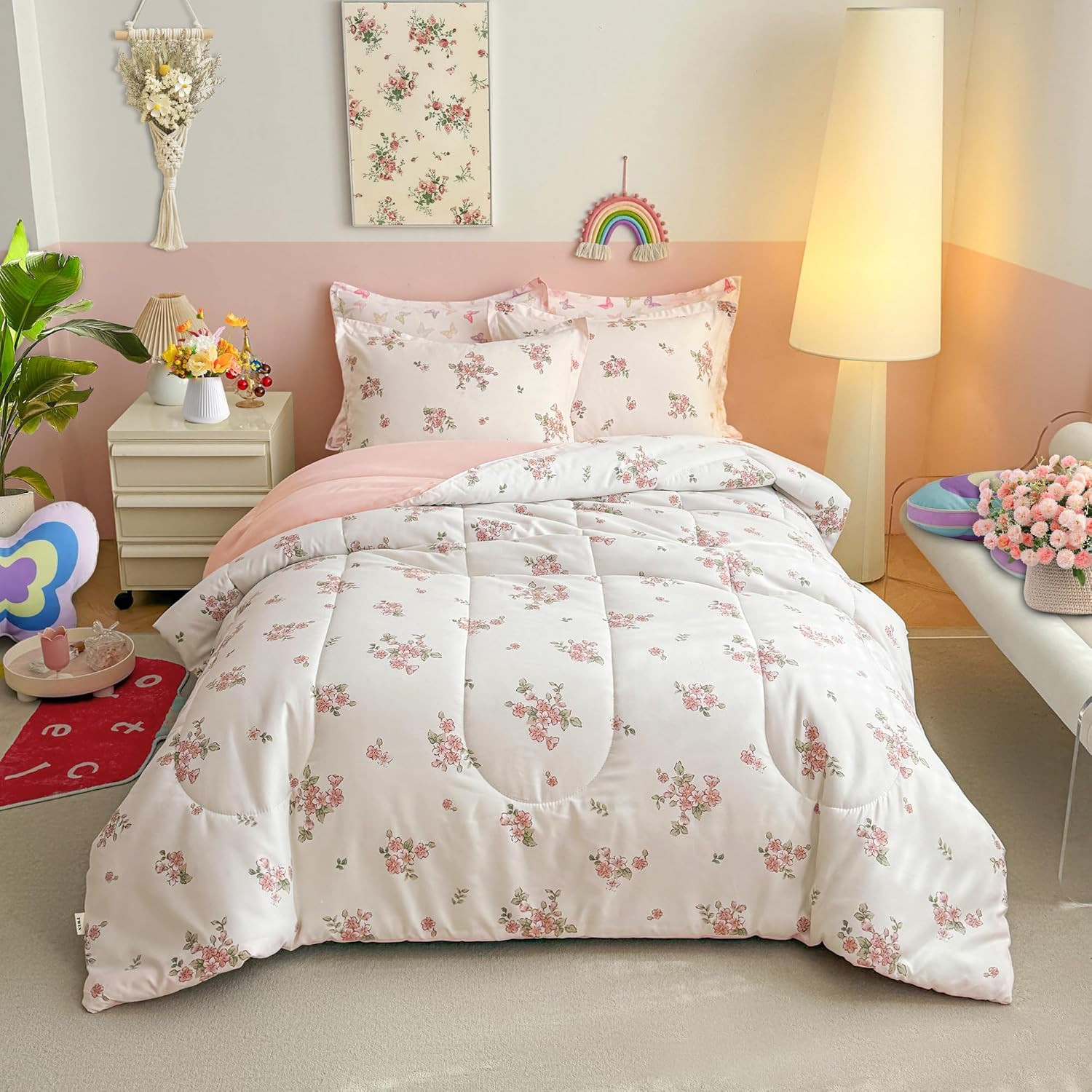 Twin Size Comforter Set for Girls, Floral Pink N White Design, 3Pcs Microfiber P