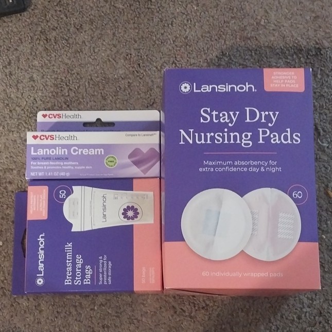 60 count nursing pads, 50 count breast milk storage bags, lanolin nipple cream