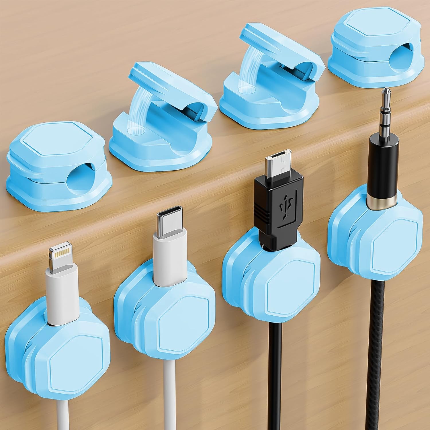 8 Pack Cord Organizer - Holder for Nightstand - Cable Clips 8 Pack, Blue 