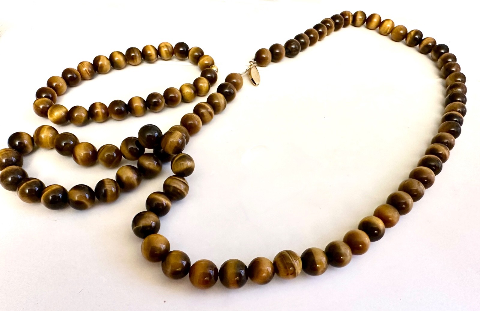 Vintage Tiger Eye Bead Bracelet & Necklace 19 inch w/ Clasp Marked GSilver