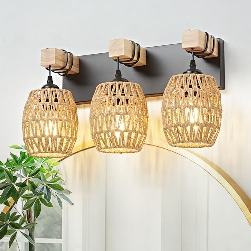  3-Light Bathroom Vanity Light Fixtures Over Mirror, Hand-Woven 3 Light Black