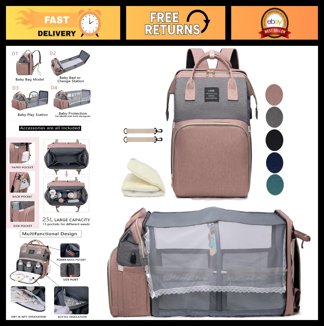 Diaper Bag Backpack with Changing Station - Large Capacity Baby Bag for Girls &