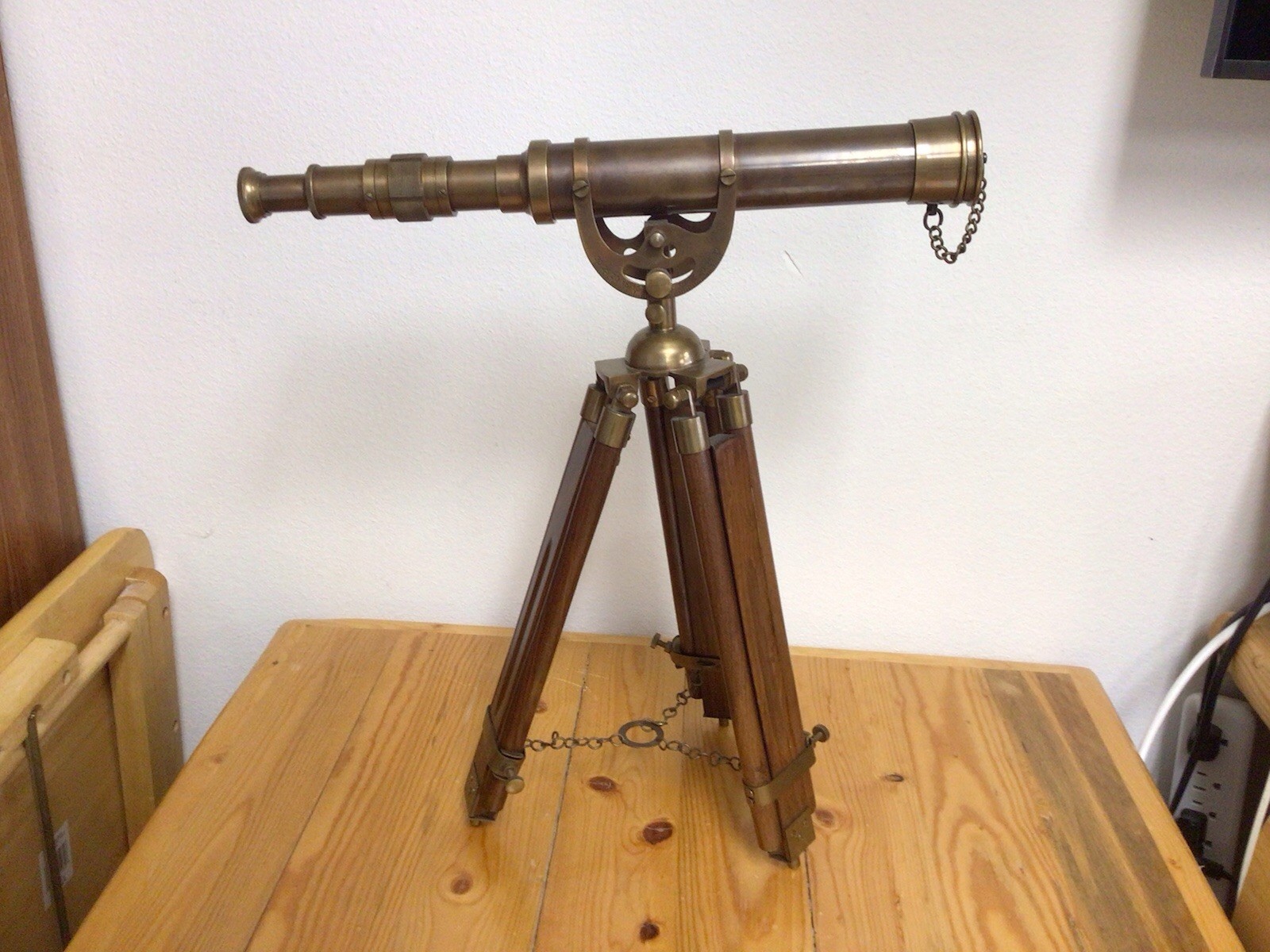 Estate Vintage Nautical Style Solid Brass Telescope With A Wooden Tripod Stand