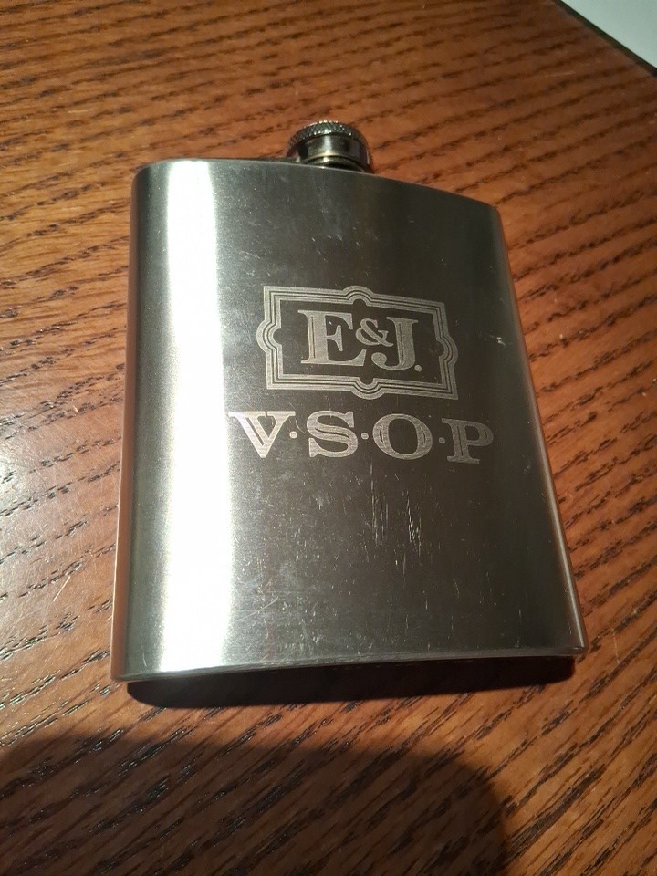 Metal Flask E&J  VSOP~USED~7 Oz Vintage Stainless Steel V.S.O.P.~Screw on Lid