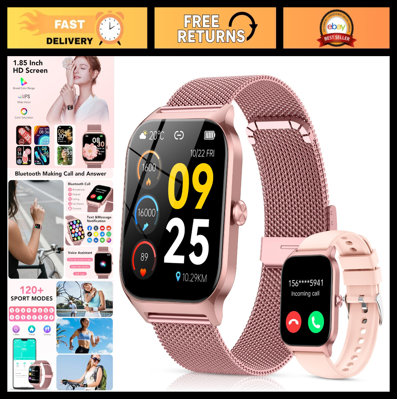 Stylish 1.85" HD Smartwatch for Women, Calls/Messages, Heart Rate Monitor, 120+