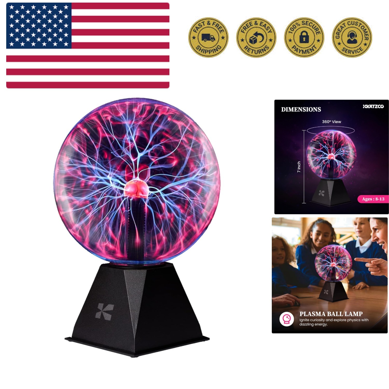7 Inch Plasma Ball Lamp - Touch and Sound Sensitive Electric Globe with Light...