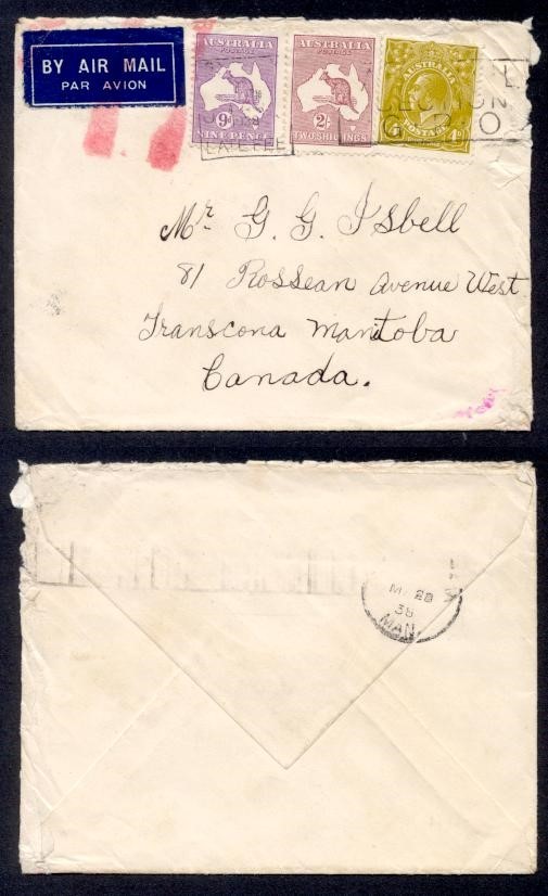 AUSTRALIA 1938 KGV/ROO COMBO TO CANADA