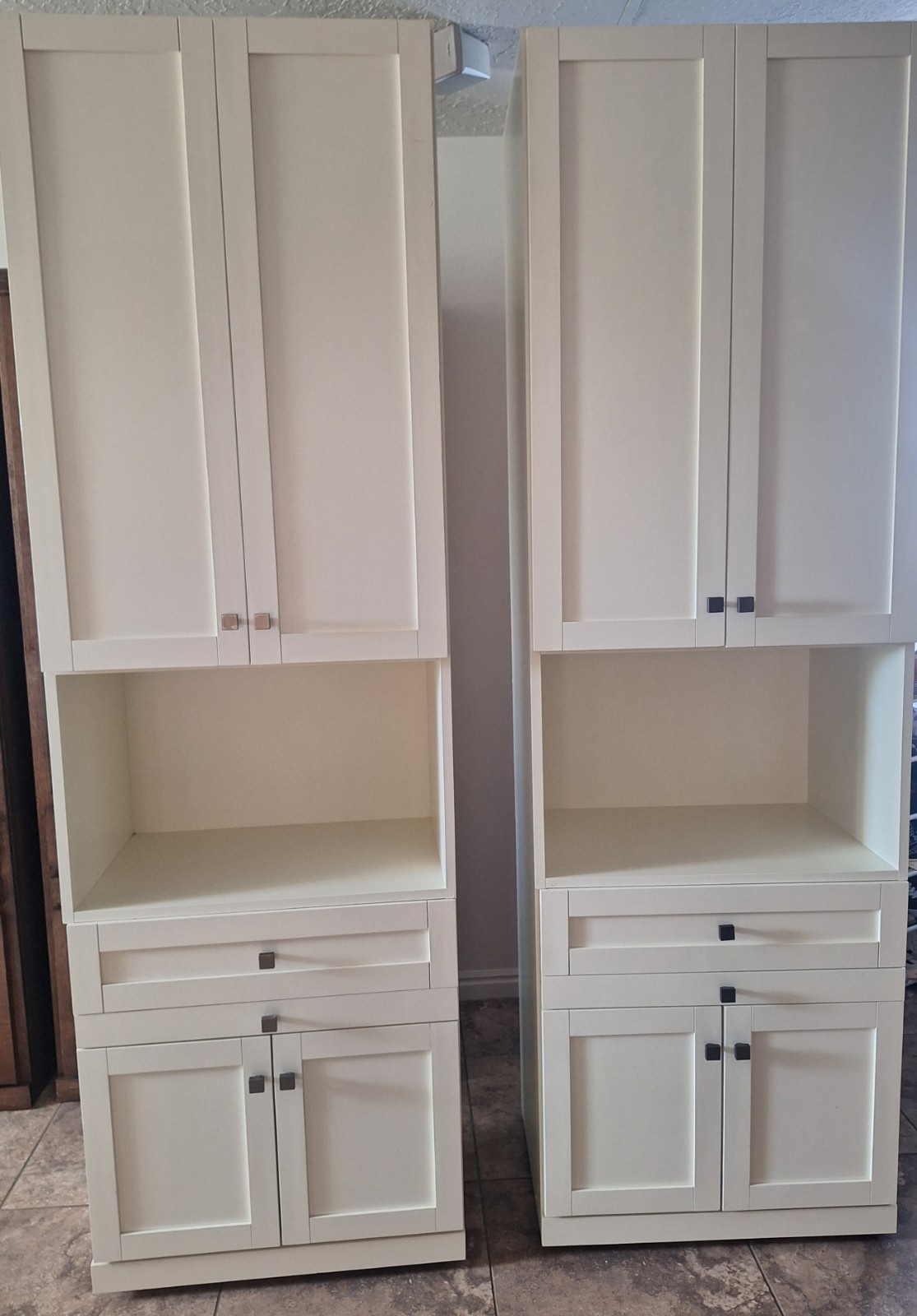 Set of 2 off white custom Cabinets Wood 3 Adjustable Shelves and Drawers. 