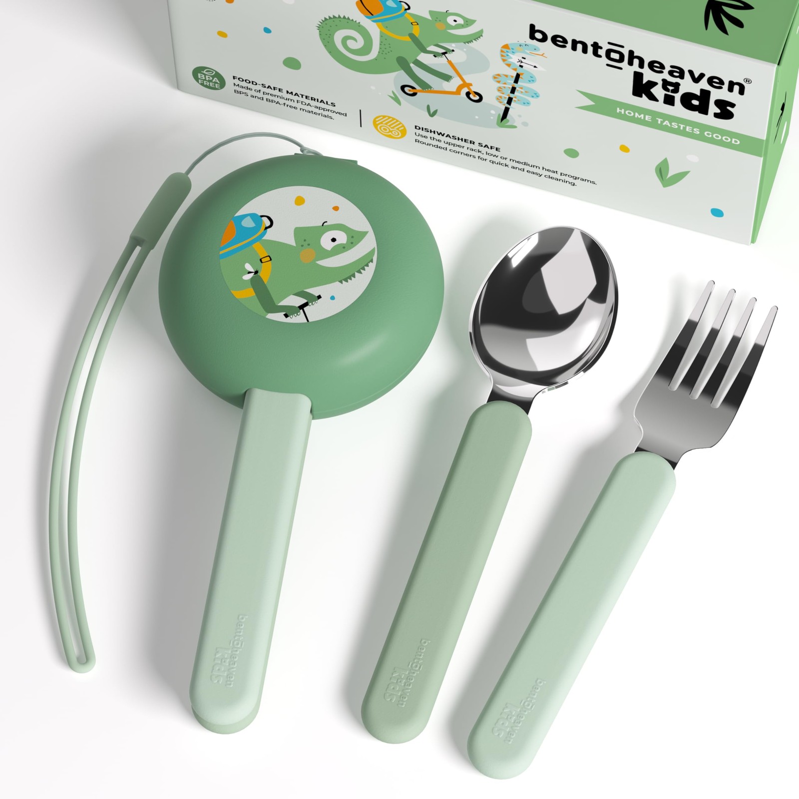 Bentoheaven Kids Travel Utensils with Case, Food-Grade Stainless Steel Green 