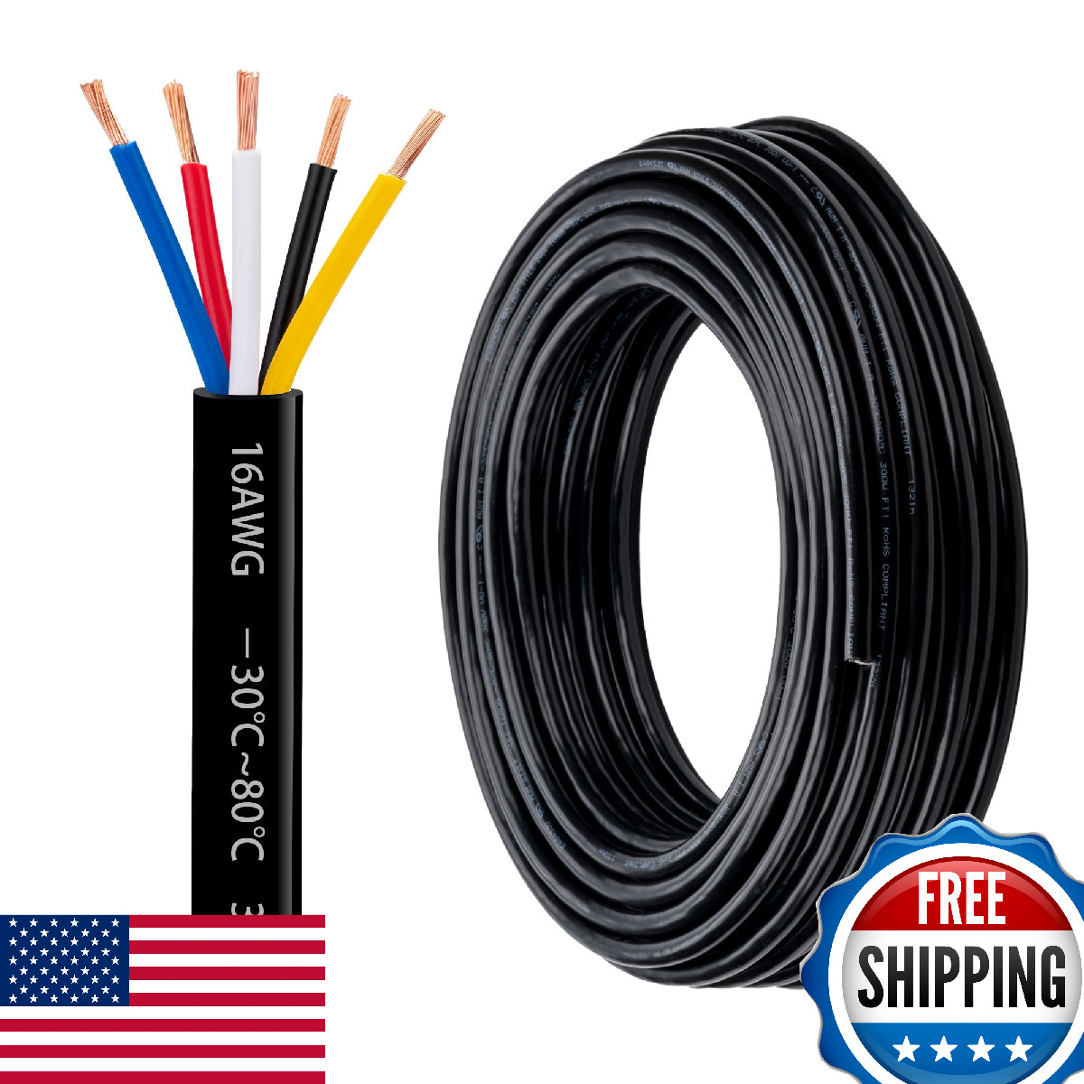 16 Gauge 5 Conductor Electrical Wire PVC Copper 50ft Heavy Duty Automotive Trail