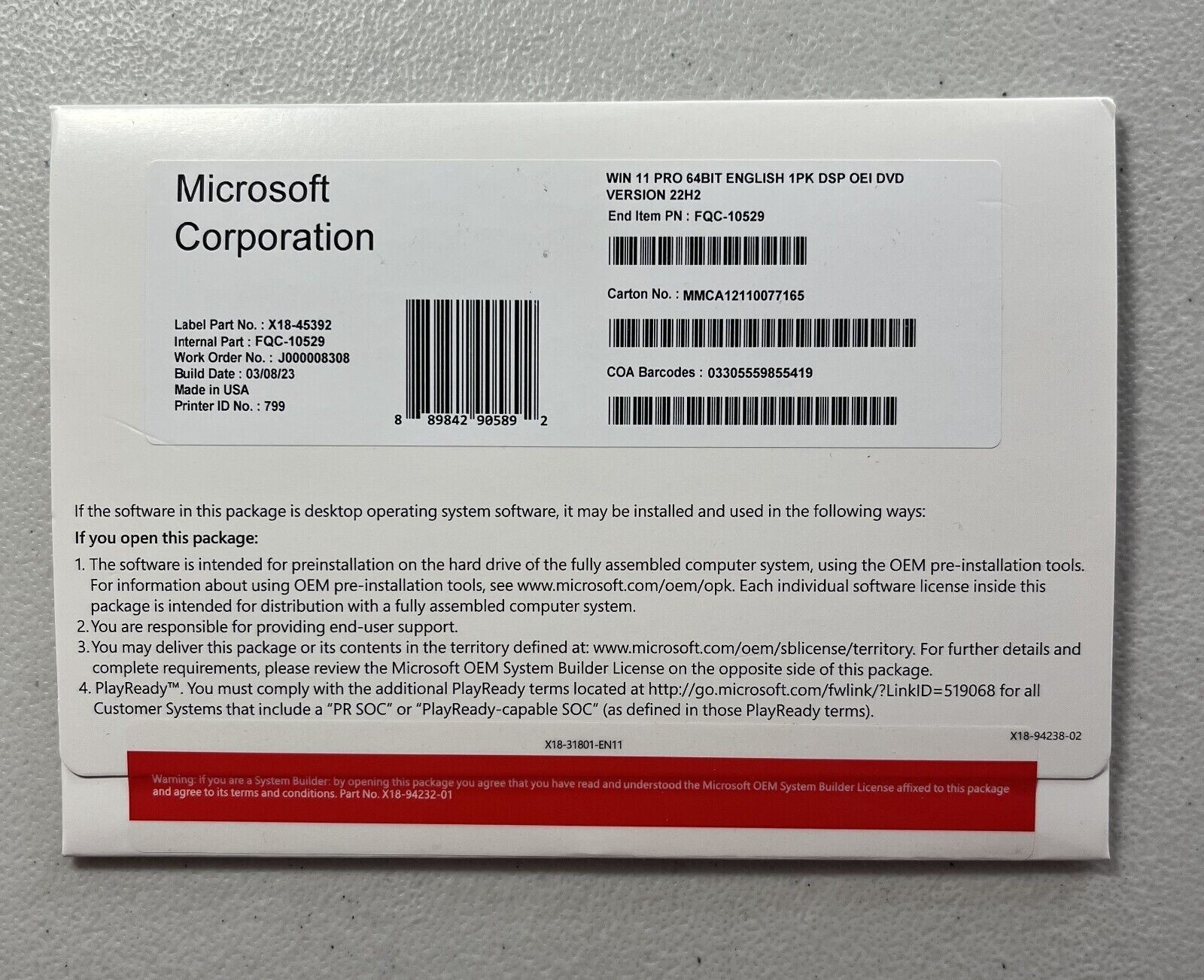 Microsoft Windows Win 11 Pro 64 bit DVD