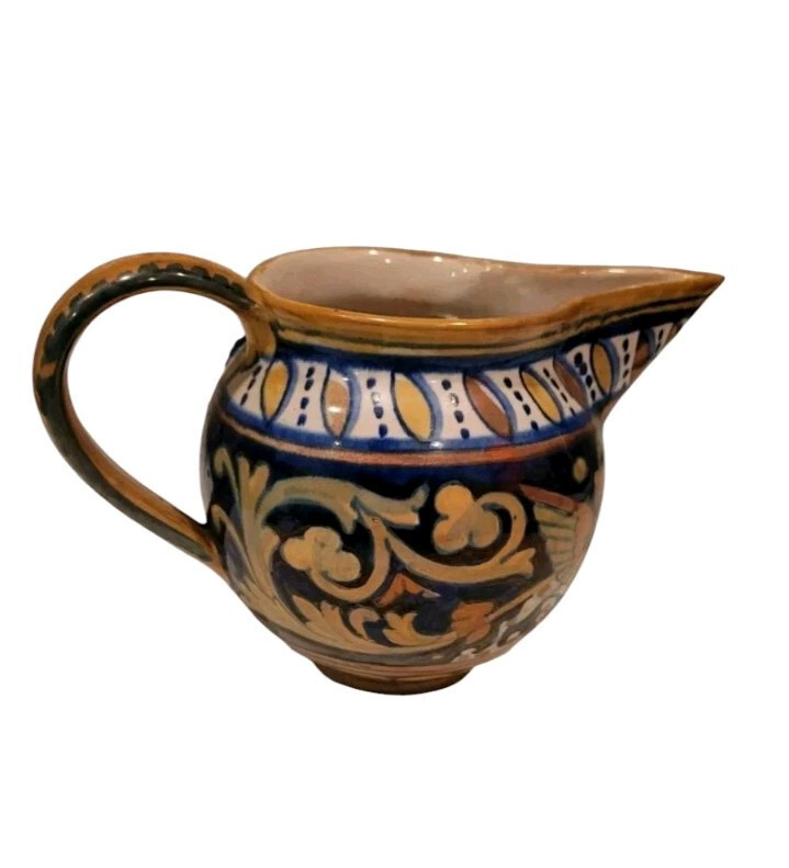 Vintage Italian Majolica Ceramic Pitcher Hand Painted Blue Gold Floral 6”h