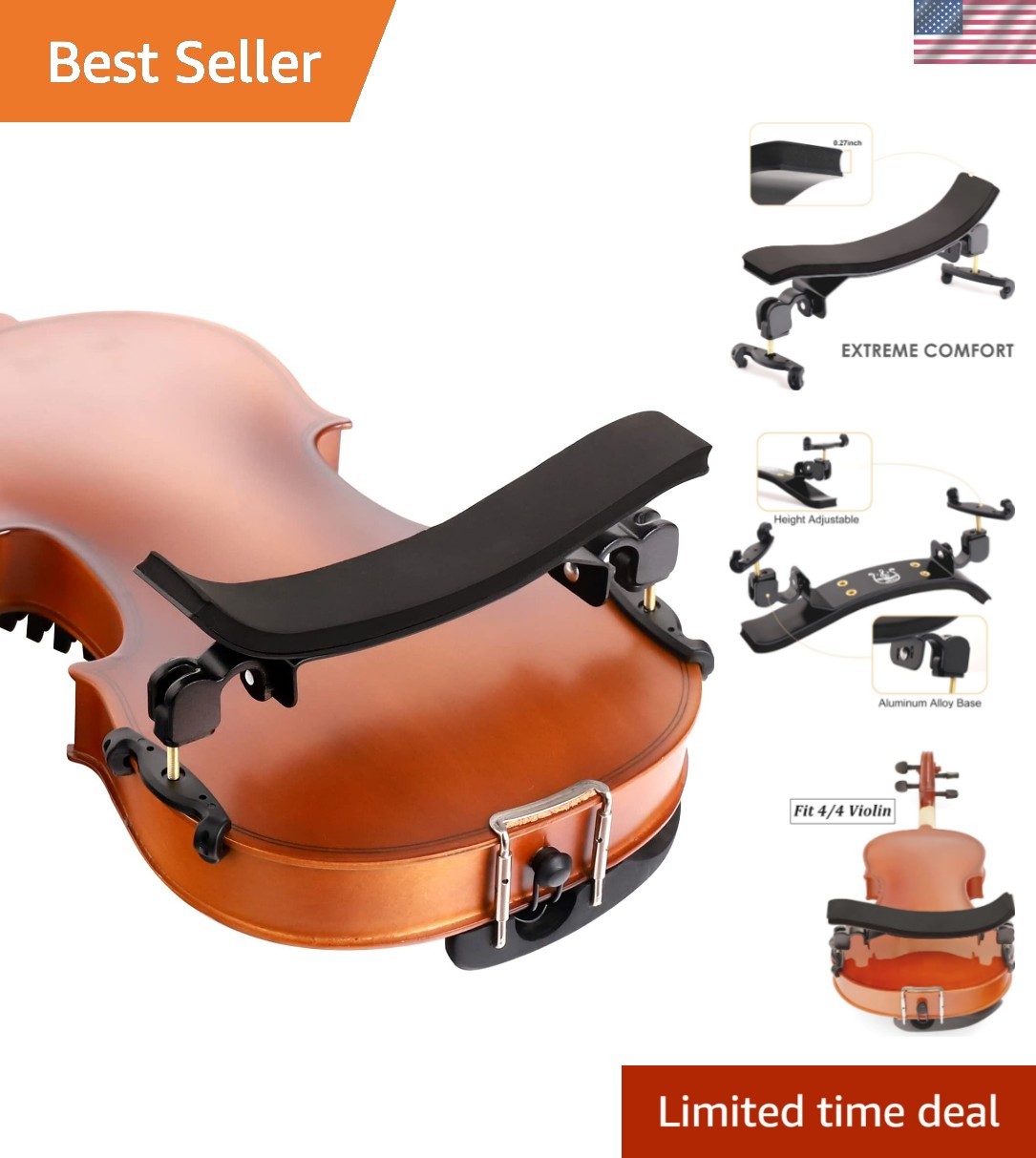 Aluminum Alloy Violin Shoulder Rest for 4/4 Size - Height Adjustable