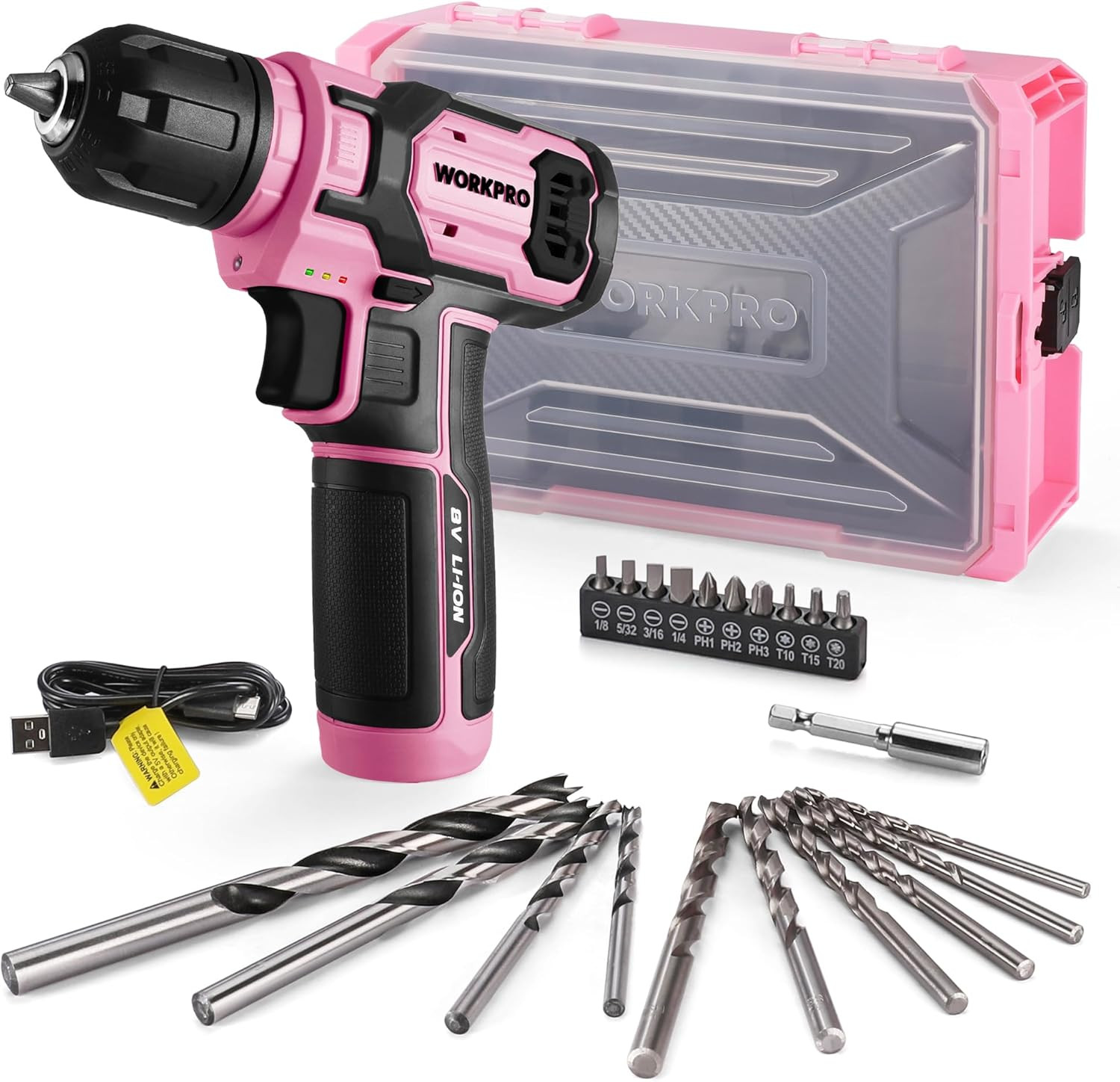 Pink Power Drill Set and Stackable Tool Box, 8V Cordless Drill Driver with Bit S