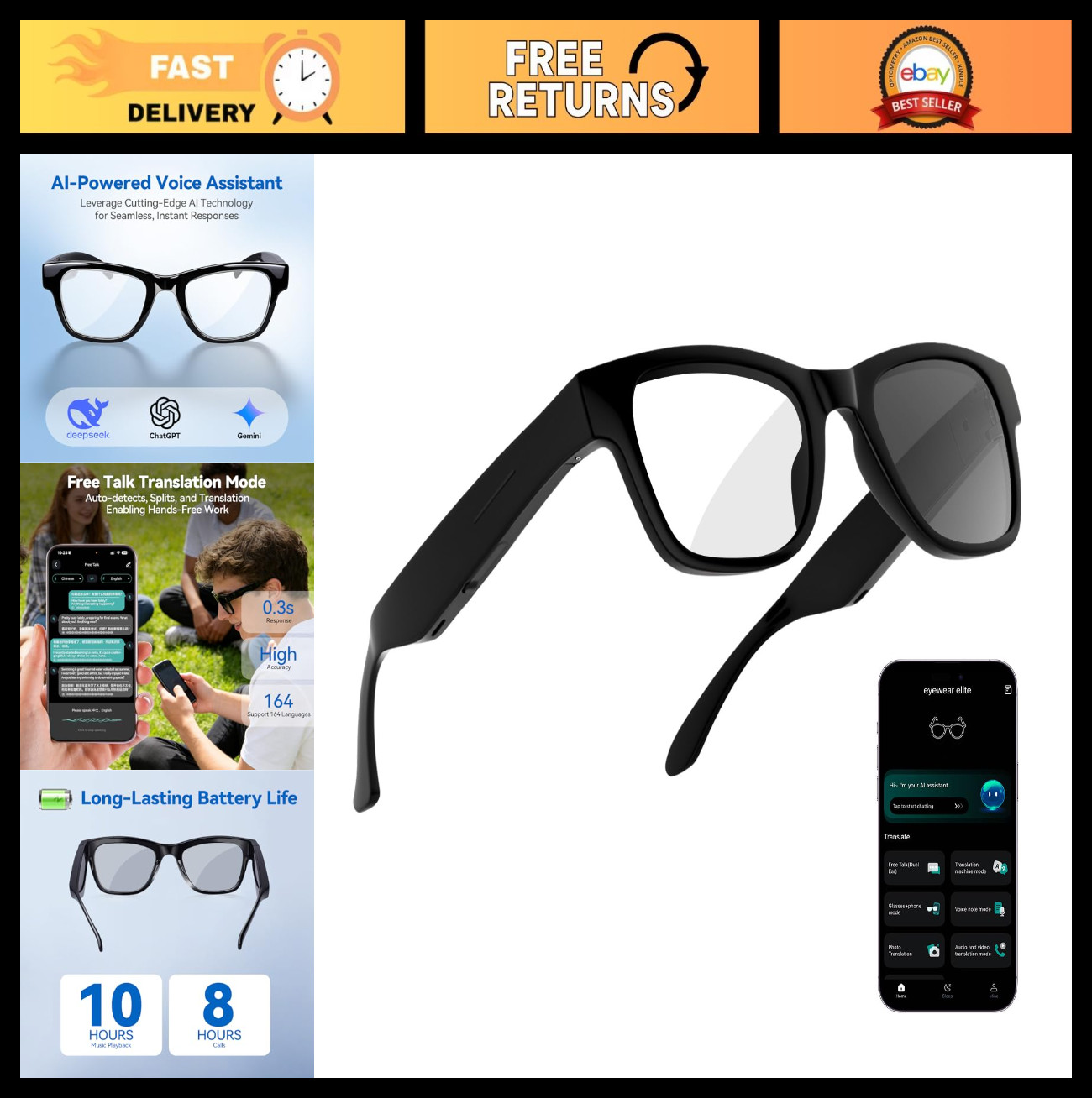 Smart Glasses with Bluetooth, Real-Time Translation, Music, Photochromic Lenses,